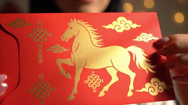 Elegant red envelope featuring a majestic gold foil running horse for Lunar New Year.