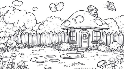 Charming mushroom-shaped house in a whimsical garden scene.  Features a cozy home with a grassy yard, trees, and a wooden fence.  Small puddles and flowers add to the idyllic setting