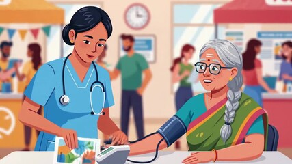 Healthy Elderly Woman Visiting Medical Clinic for Blood Pressure Checkup in a Bright Hospital