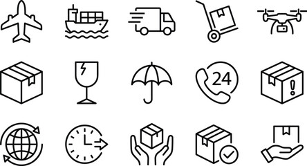 Shipping and Logistics Line Icons Set: Delivery, E-commerce, Global Transport, Cargo, 24/7 Service, and Packaging Symbols for Digital Design Vector Collection