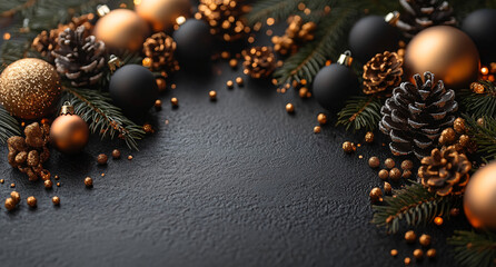 Minimalist Black Christmas Layout Highlighting Gold Ornaments and Free Space &mdash; Email Marketing, Web Banner