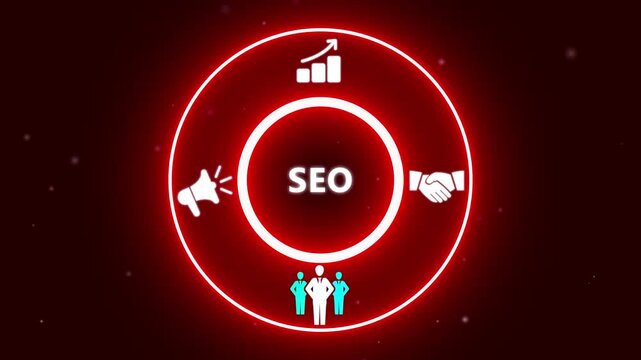 Red Neon Circle with Business Icons and the Word SEO in the Center search engine optimization marketing