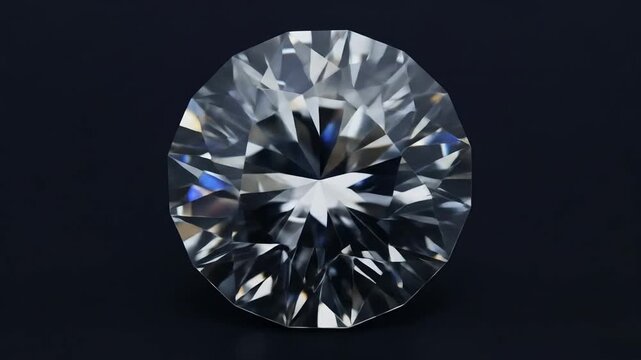 Close Up of a Sparkling Round Cut Gemstone on a Dark Blue Surface Reflecting Light