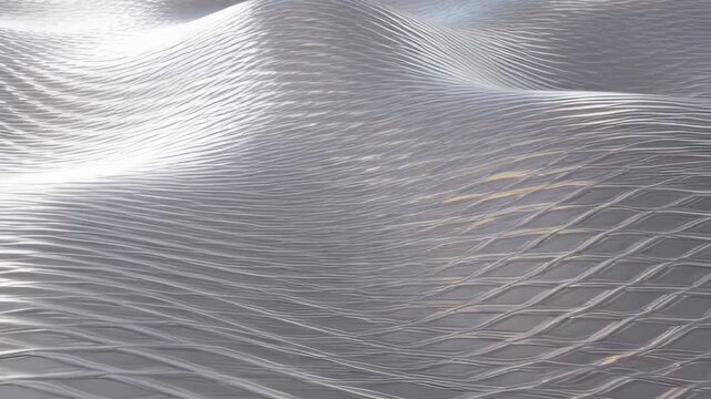 Abstract animation of shimmering, ribbed silver waves reflecting rainbow iridescent light against a grey background.