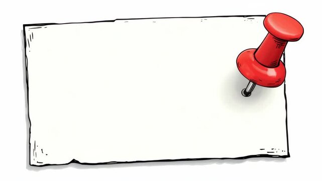 Empty rectangular paper note with red pushpin, cartoon style, isolated on white background. Concept of reminder, memo, message, or notice