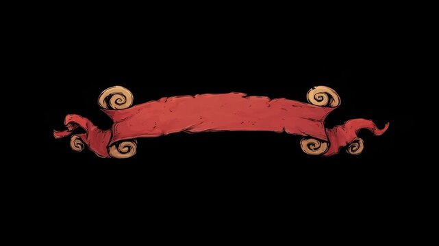 Torn red scroll banner with curled edges in hand-drawn style on a black background, representing vintage decoration or announcement
