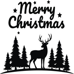 This elegant illustration combines the festive spirit of Christmas with a striking silhouette of a deer against a backdrop of tall pine trees. The words "Merry Christmas" are prominently featured abov