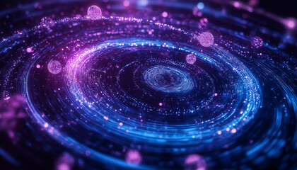 Futuristic galaxy-like abstract composition with glowing purple, and blue elements, neon cosmic swirls and energy patterns for digital technology and Sci-Fi visuals