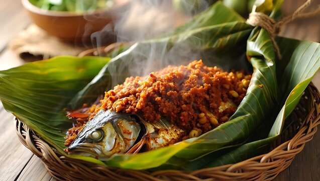 Traditional Spicy Steamed Whole Fish Wrapped in Green Banana Leaf with Hot Steam