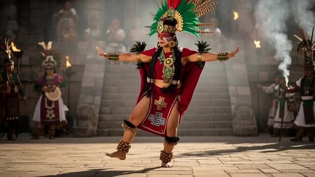 Captivating Mayan dancer performs ancient ritual in stone temple courtyard