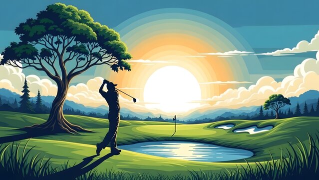 Golfer swinging golf ball on a scenic golf course with large tree during beautiful sunset