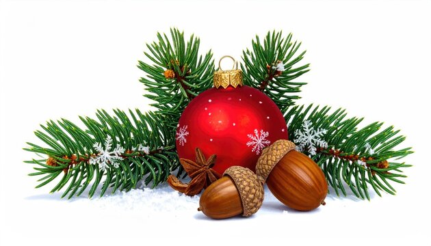 Festive Christmas decoration with red bauble pine branches acorns and star anise on snow. - Powered by Adobe