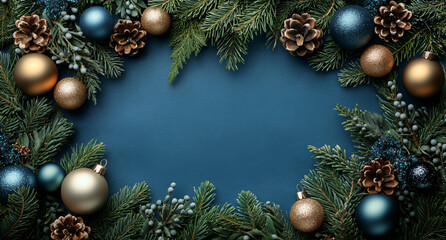 Textured Blue Christmas Background with Blue Balls, Golden Pinecones, and Branches &mdash; Space for Text, Promotional Banner