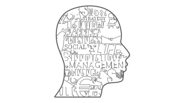 Business concept. Businessman head icon filled with relative keywords and icons.