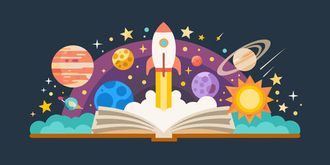 A rocket launching from an open book into a colorful cosmic scene © Savankar