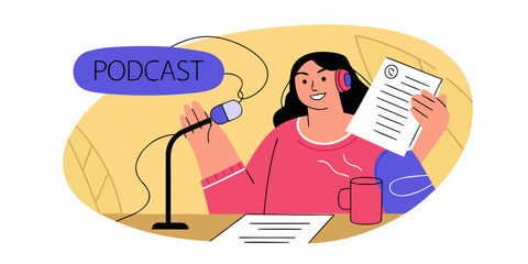 A woman recording a podcast with microphone notes and a cheerful expression