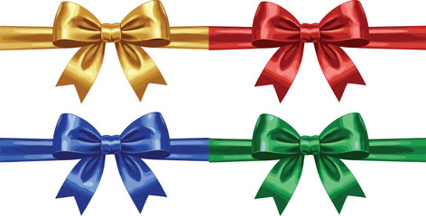 Colorful ribbon bow vector collection featuring shiny gift bows in gold, red, blue, and green, elegant decorative elements for packaging, celebrations, and festive designs