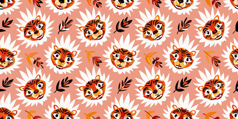 Repeating pattern of tiger faces incorporated into stylized floral designs