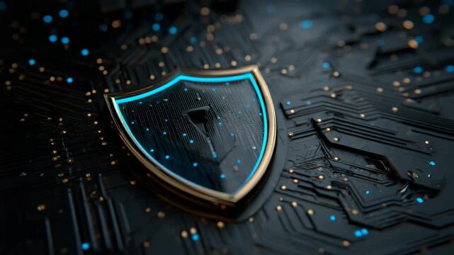 Digital security shield with glowing blue edge and keyhole at center, set on dark circuit board background, representing data protection concept