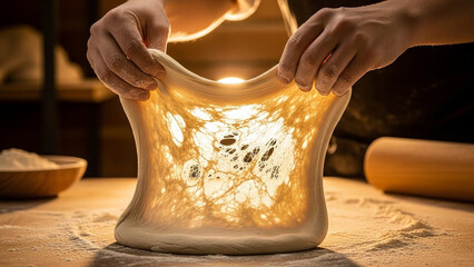 Close Up of Baker Hands Stretching Raw Dough to Check Gluten Windowpane Effect with Backlight