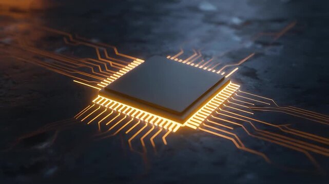 Glowing computer chip on dark background animation