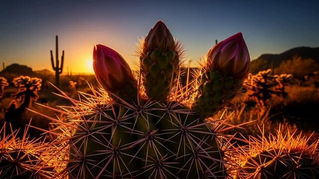 Backlit desert cactus with pink flower at sunrise.