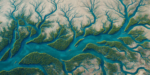 Branching river delta natural waterway concept minimal aerial