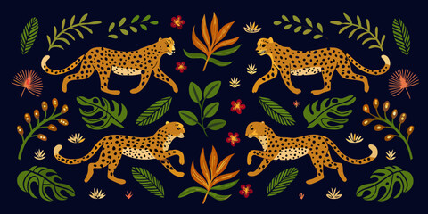 Stylized leopards amidst lush tropical foliage a vibrant patterned design