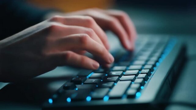 Hands typing on a modern keyboard, Close-up of hands typing on a modern keyboard with blue backlighting