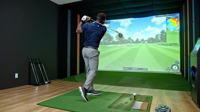 Athletic man perfecting golf swing in modern indoor simulator, enhancing skills with technology for peak performance and precision training excitement
