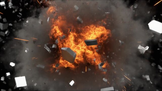 Explosion of debris and fire in slow motion.