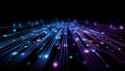 Illuminated circuit board with colorful lights, representing data flow and technology