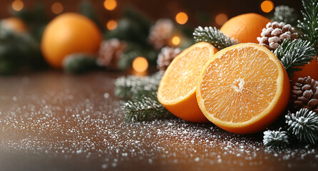 Festive Close-Up Composition with Orange Halves, Pine Branches, and Golden Sparkle &mdash; Promotional Banner, Web Header