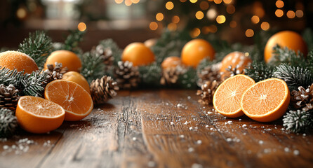 Rustic Christmas Background with Sliced Oranges, Frosted Pinecones, and Golden Glitter &mdash; Space for Text, Christmas Card