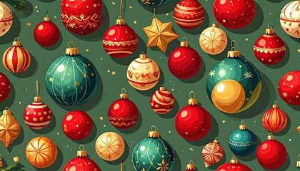 Festive Christmas ornaments in red teal and gold on a dark green background.