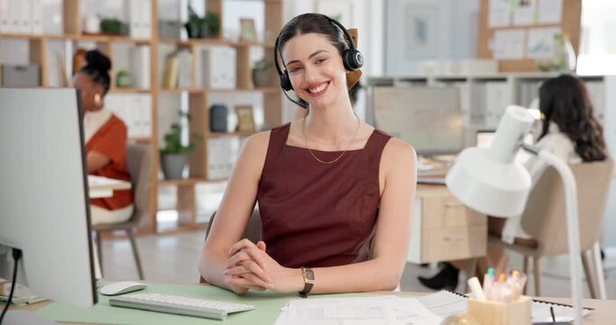 Face, headset and smile of woman in media agency for online magazine development or publication. Computer, journalism and production with happy editor in coworking office for communication or report