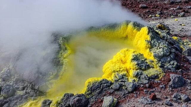 Billowing steam and sulfur fumarole on volcanic field.