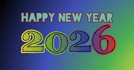 Happy New Year 2026 greeting banner with colorful gradient background and bold decorative numbers, ideal for holiday promotions, posters, and digital celebrations.