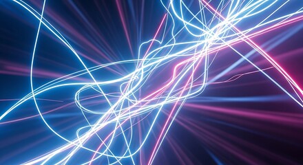 A vibrant abstract composition features flowing neon-like lines of blue and pink against a deep blue background. The lines intertwine