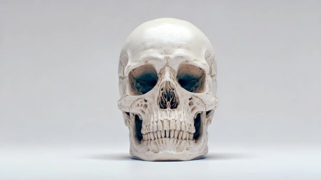 Realistic human skull model with detailed texture, photographed on a plain light background. Concept of anatomy, science, or Halloween