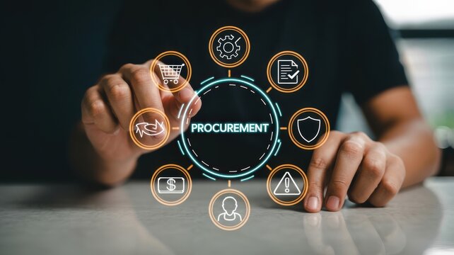 Businessman interacting with digital procurement process icons