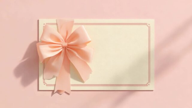 Blank cream-colored card with a large satin pink bow, soft shadows on pastel pink background, concept of celebration or invitation