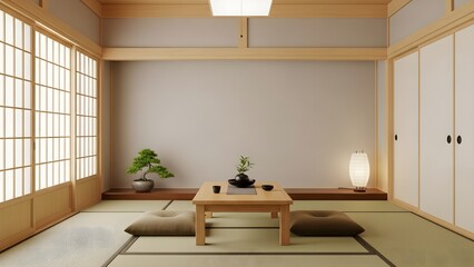 Obraz premium Serene Japanese tatami room with traditional low table and cushions