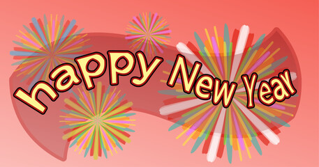 Happy New Year greeting banner with colorful fireworks and playful typography on a bright festive background, suitable for celebration posters, cards, and holiday designs.