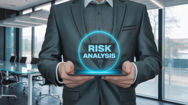 Businessman holding tablet with risk analysis hologram