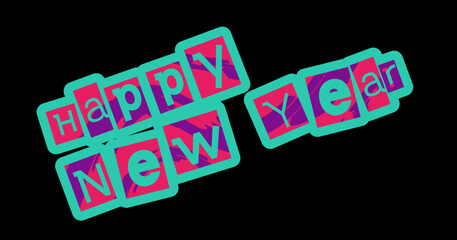 Happy New Year greeting text in bold colorful block style on dark background, suitable for posters, banners, social media, and festive designs.