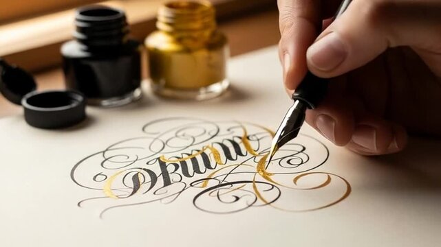 Calligrapher adding golden flourishes with dip pen.