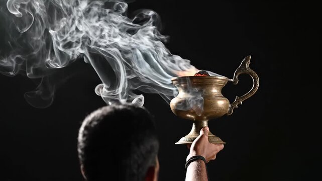 A worshipper performs a spiritual indian ritual, holding a brass dhunuchi with dramatic smoke against a dark background.