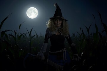 A mysterious woman dressed as a witch or scarecrow with a scythe, standing in a dark cornfield illuminated by a bright full moon. Spooky Halloween scene