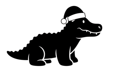 White outline alligator wearing Santa hat isolated on a transparent background